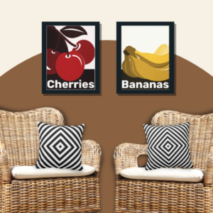 Set of 2 poster prints with bananas and cherries in red and yellow with 2 throw pillows with nested boxes pattern in black and white