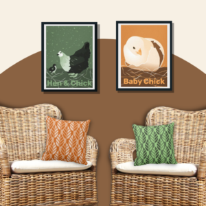 Set of 2 chick and chicken poster in orange and green with 2 throw pillows with leaves pattern in orange and green