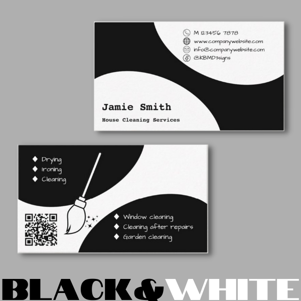 Black and white cleaning service business card design with QR code