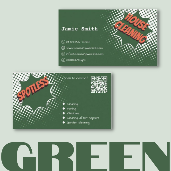 green professional cleaning service business card with typography logo and QR code