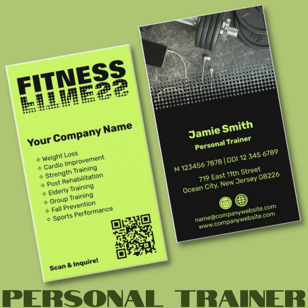 personal trainer business card in green typography logo custom profile image and QR code