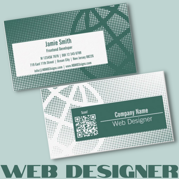 web designer business card in green with QR code