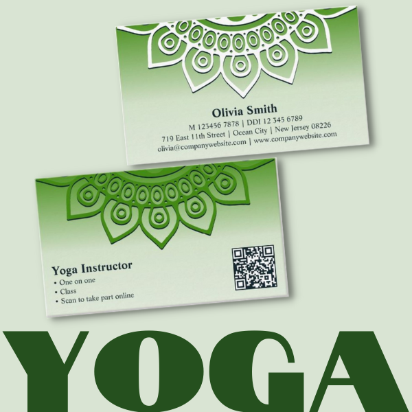 yoga business card in green with QR code