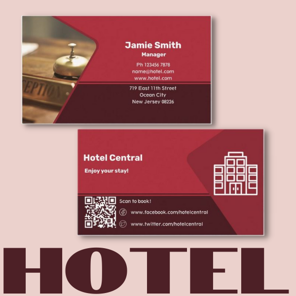 hotel business card in red with logo, custom photo, and QR code