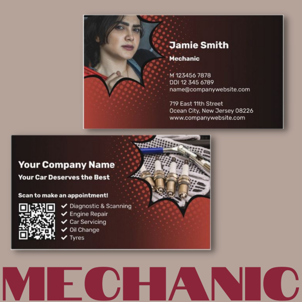 mechanic business card in red with profile photo, custom photo, and QR code