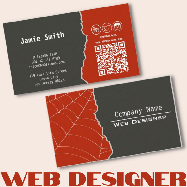 web designer business card in red with web symbol and QR code