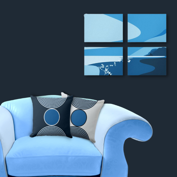 night-blue four-paneled seascape with a set of two pillows in blue with a circle pattern