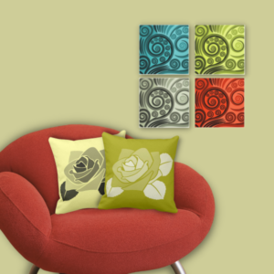 set of 4 koru, unfurling fern frond prints in grey, turquoise, yellow, and orange, and a set of two yellow floral pillows