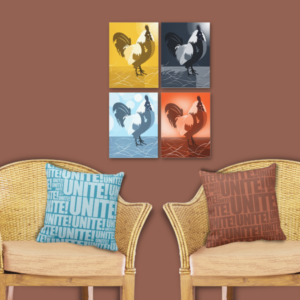 four art prints rooster in turquoise, yellow, blue, and orange, and a set of two pillows with a typography pattern Unite!