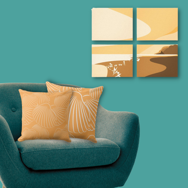 four art panels, quad, digital sunset seascape, and orange shell patterned pillows