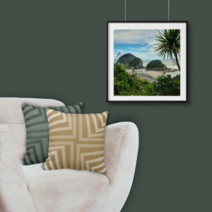 Sea view square photo print meets a set of two grey and brown pillows