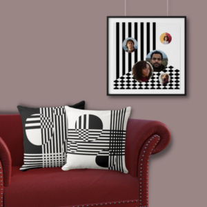 Square family portrait collage wall decor meets stripes and circles pattern throw pillows in black and white