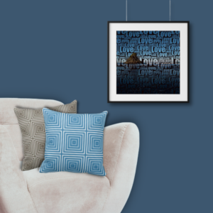 Love Karekare Beach square wall decor meets nested box pattern throw pillows in brown and blue