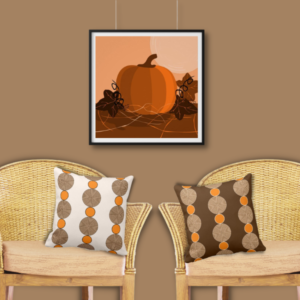 Pumpkin square wall decor meets circle pattern throw pillows in orange