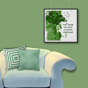 Green splatter art square wall decor meets nested box pattern throw pillows in green