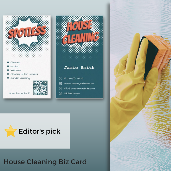 blue and white house cleaning business card with custom word logo and QR code