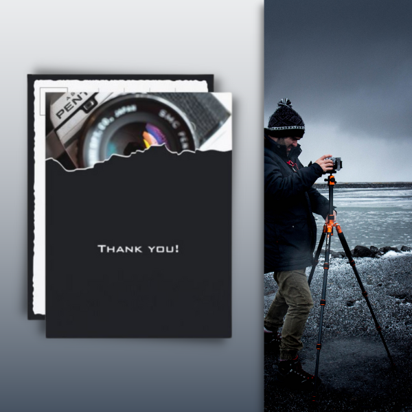 Black and white card that says thank you from a photographer to the client