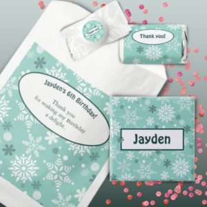 Kids Birthday Party Favor Bag and Filling In Winter Turquoise-Blue