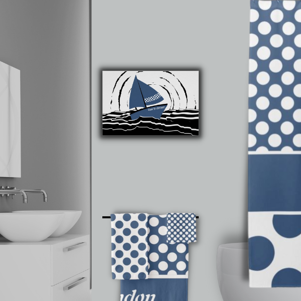 Ocean Sailing Boat Wall Decor For Blue Polka Dot Bathroom