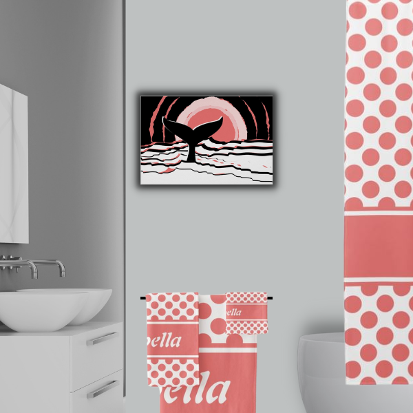 Whale Fin At Sunset Wall Decor For Pink Polka Dot Bathroom