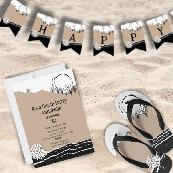 Kid's Beach Birthday Party Invitation, Banner and Flip-Flops