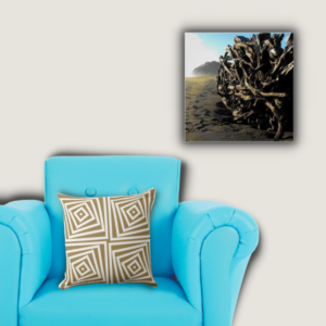 Pillow With Nested Spiral Pattern and a Driftwood Poster Print