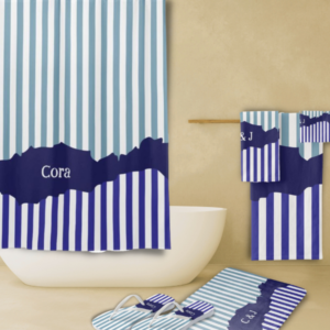 Torn Blue Bathroom Decor Including Bath Towel Set, Shower Curtain, Bath Mat And Flip-Flops