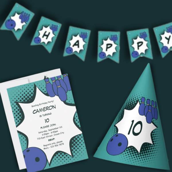 Kids Bowling Birthday Party in Blue-Green, Invitation, Party Invitation and Hat