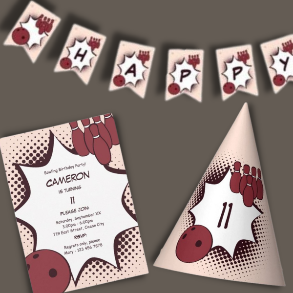 Kids Bowling Birthday Party in Red, Invitation, Party Invitation and Hat