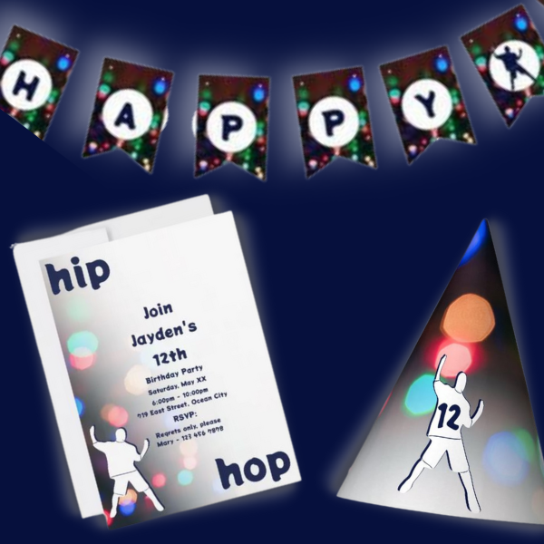 hip-hop dance party birthday invitation, party hat, party, banner