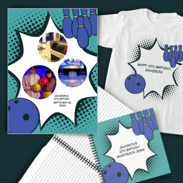 Green-Blue Bowling-Themed Kids Birthday Party Memories, Photo Collage, T-shirt, Guestbook