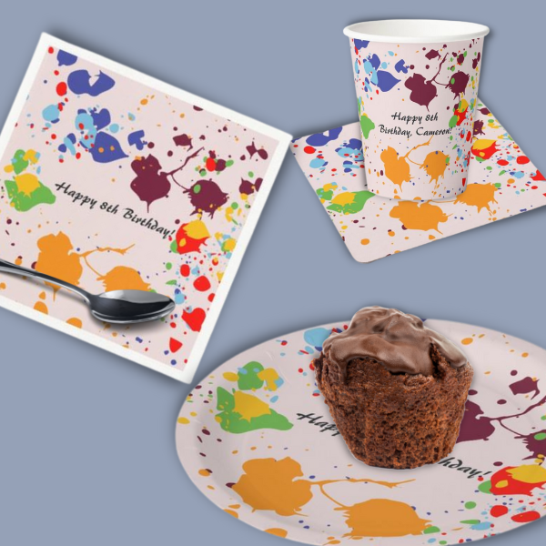 colorful kids painting splashes table decor, plate, napkin,coaster, cup
