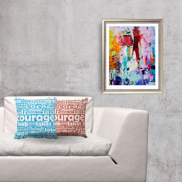 Colorful Abstract Art Meets Pillows In Red And Blue With A Typography Pattern