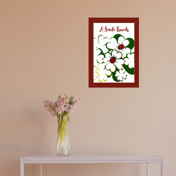 Abstract Wall Art In Green And White Showing Clover Leaves And Ladybugs