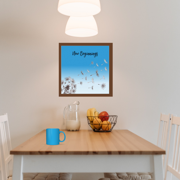 Stylized dandelion seeds flying into the blue sky