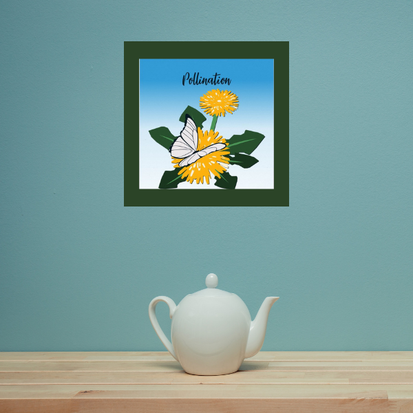 Dandelion Art Print with two dandelion flower heads and a butterfly