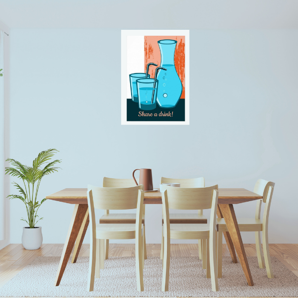 Dining room wall decor showing a carafe and two glasses with straw