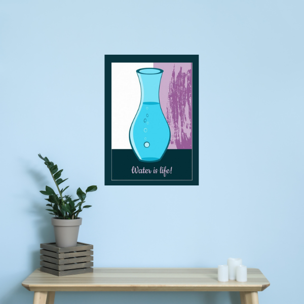 Blue and white wall art showing a carafe