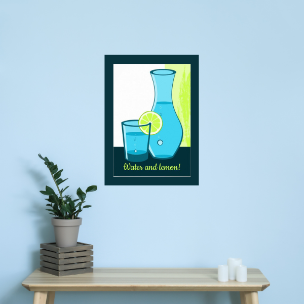 Blue and white wall art showing a carafe and a glass