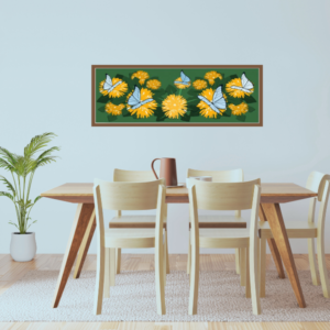 Green and Yellow Wall Art Showing Dandelion Flowers with Butterflies For The Dining Room