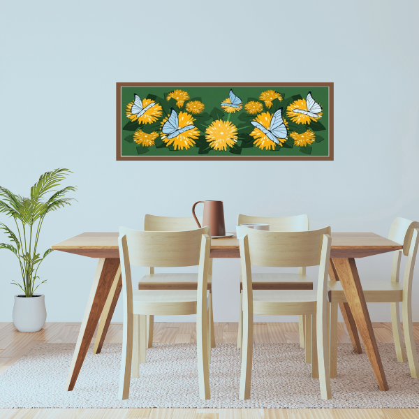 Green and Yellow Wall Art Showing Dandelion Flowers with Butterflies For The Dining Room