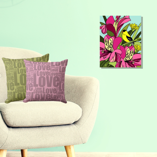 Goldfinch poster meets throw pillows in pink and green