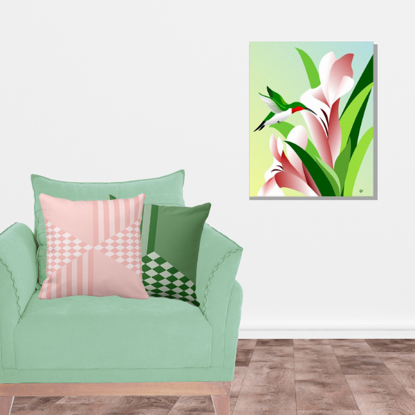 Diamond Pattern Pillows in green and pink meet art poster of a ruby throated humming bird by Liz C
