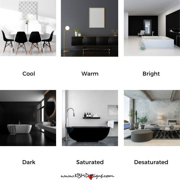 Black interior design, six examples, cool, warm, bright, dark, saturated, desaturated