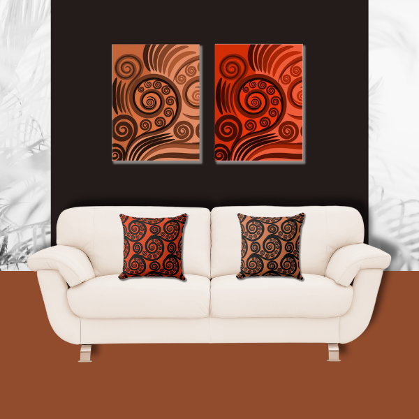 Black statement wall with stylized fern frond wall art in orange and curl patterned throw pillows on white couch