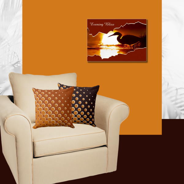 Orange wall art and throw pillows for a Black and orange color scheme for a living room, orange statement wall with, dark flooring, soft white armchair and