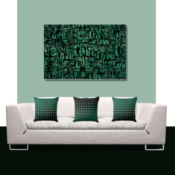 Cool black and green home decor with Love typography wall art and accent cushions