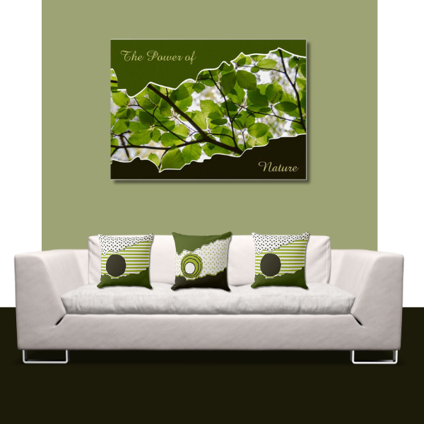 Earthy Warm Green Brown Black Color Palette with wall art and cushions