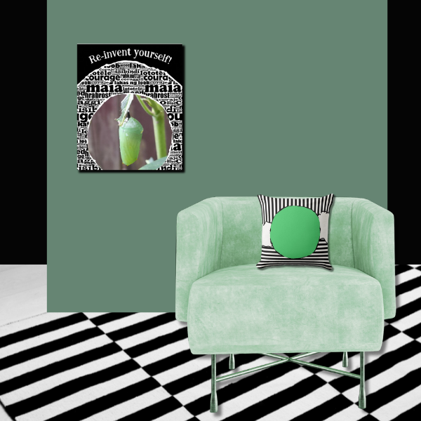 Black, white and, green in a cool tones sets the accents in this stylish home decor with wall art and a throw pillow