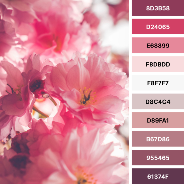 Spring vibes color palette collage in almost black, white, and pink with ten #Hex codes